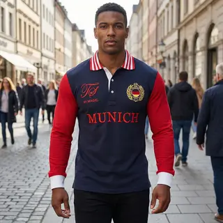 Men's 100% Cotton Long Sleeve Polo Shirt Casual Sports Tee with Munich Embroidery Full-Sized Tee Shirt