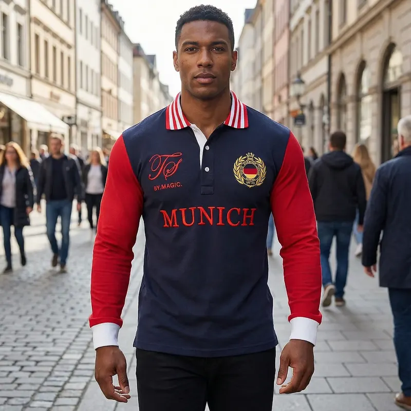 Men's 100% Cotton Long Sleeve Polo Shirt Casual Sports Tee with Munich Embroidery Full-Sized Tee Shirt