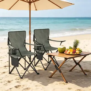 Krzesło plażowe z uchwytem na kubek, wygodne krzesło kempingowe, składane krzesło wędkarskie (2 sztuki krzeseł zewnętrznych)