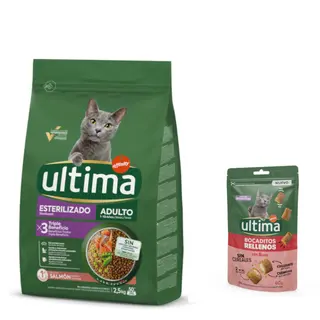 Ultima: karma sucha, 2,5 kg + Snacks nadziewane kawałeczki z wołowiną, 60 g gratis! - Cat Sterilized Adult, łosoś