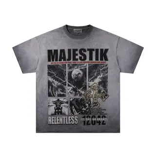 MAJESTIK American Retro Beaded Letter Men's and Women's Washed Antique Loose Street Casual Rolled Edge Short-Sleeve T-Shirt