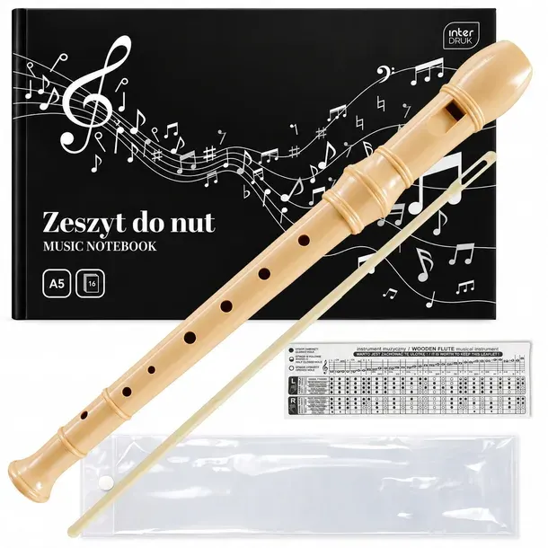 FLET SZKOLNY PROSTY SOPRANOWY CZYŚCIK + ZESZYT DO NUT + ETUI + WYCIOR