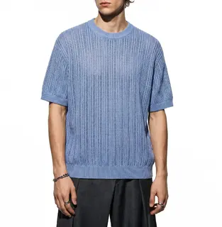 Old Qian Wind Striped Texture Wool Short Sleeve 2026 Summer New Product Light Ripe Wind Skin-friendly and Breathable T-Shirt