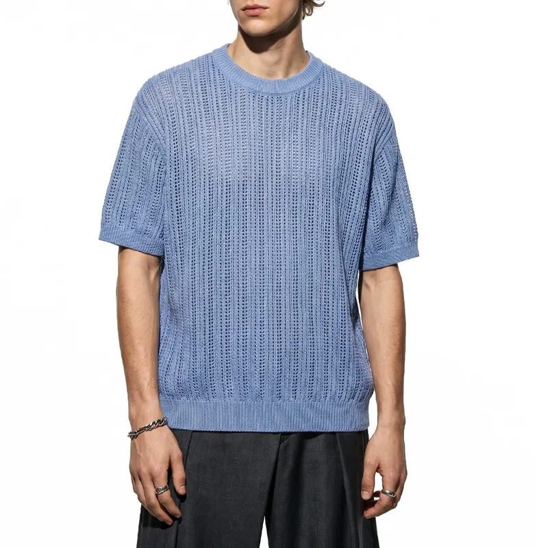 Old Qian Wind Striped Texture Wool Short Sleeve 2026 Summer New Product Light Ripe Wind Skin-friendly and Breathable T-Shirt