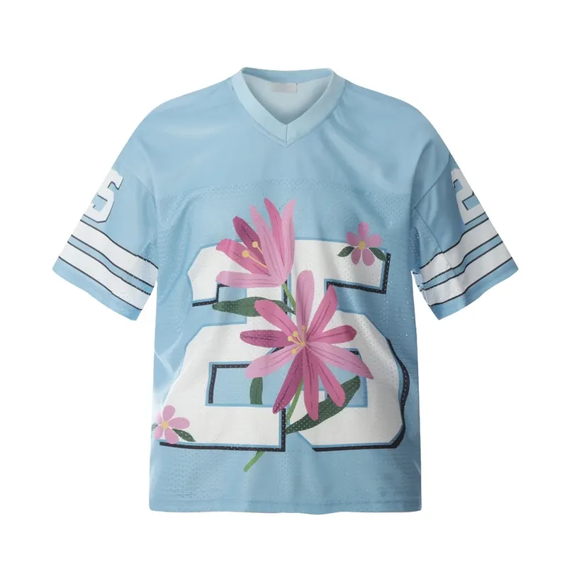 Vintage Jersey T-Shirt Men Y2K Graphic Floral Print Sport Breathable Tshirt Streetwear Harajuku Hip Hop Casual V-Neck Top Male