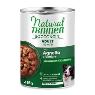 9 + 3 gratis! Natural Trainer, karma mokra, 12 x 400 g / 415 g - Bocconcini Adult Medium i Maxi Chunks, jagnięcina, 12 x 415 g
