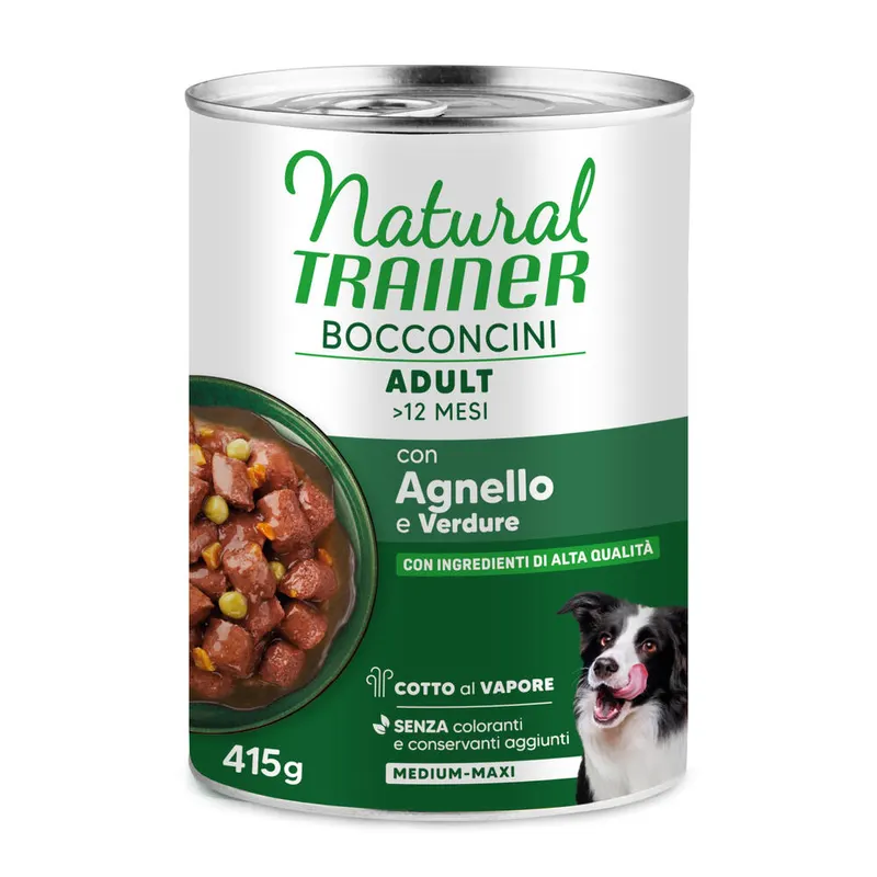 9 + 3 gratis! Natural Trainer, karma mokra, 12 x 400 g / 415 g - Bocconcini Adult Medium i Maxi Chunks, jagnięcina, 12 x 415 g