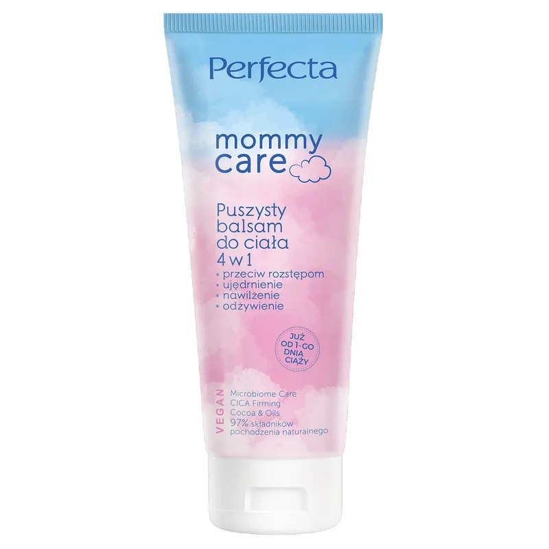Perfecta Mommy Care puszysty balsam 4w1 do ciała przeciw rozstępom z Microbiome Care, Cica Firming, masłem kakaowym i D-pantenolem 200 ml