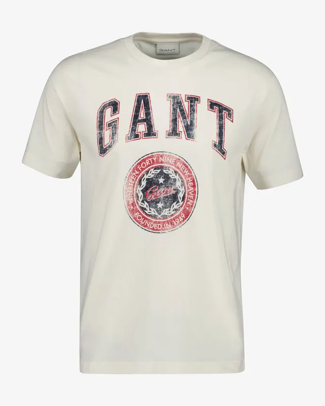 Gant T-Shirt Męski Z Nadrukiem Regular Fit Kremowy