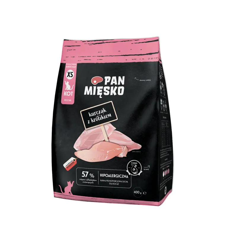 PAN MIĘSKO Kurczak z królikiem XS (kocię) - sucha karma dla kota - 400g