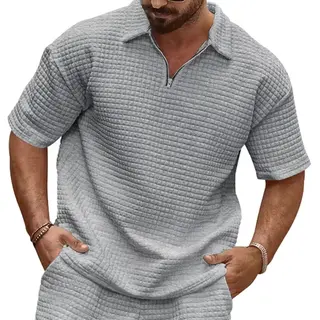 Summer New Polo Shirt Men's Casual Jacquard Small Square Solid Color Lapel Sports Short Sleeves