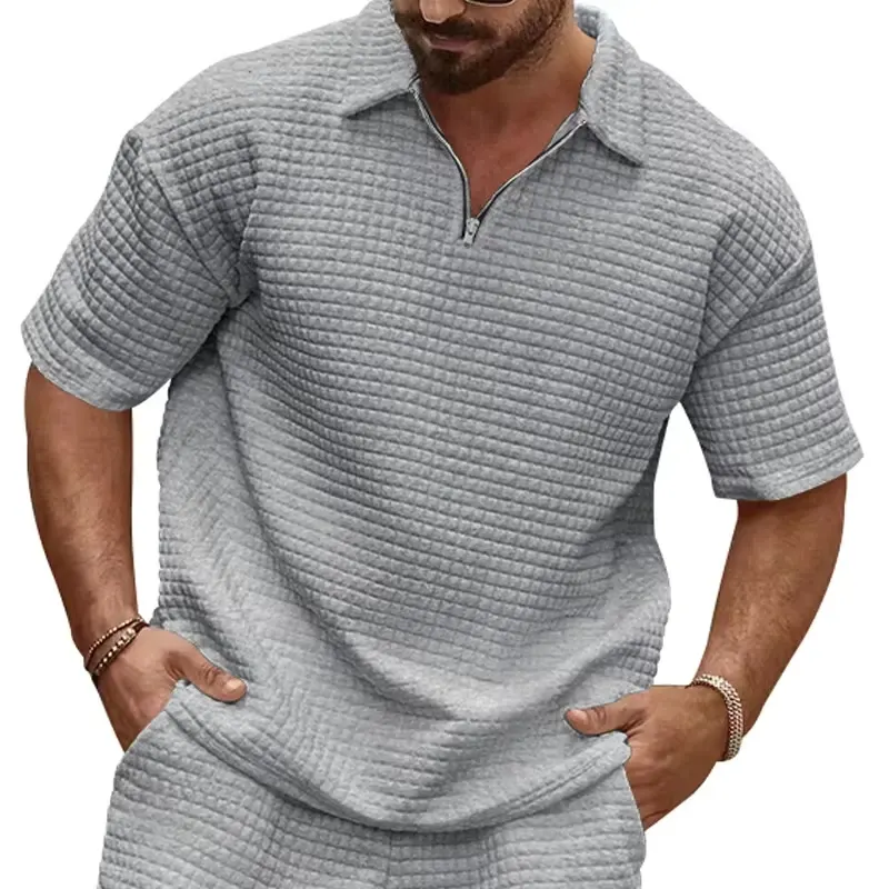 Summer New Polo Shirt Men's Casual Jacquard Small Square Solid Color Lapel Sports Short Sleeves