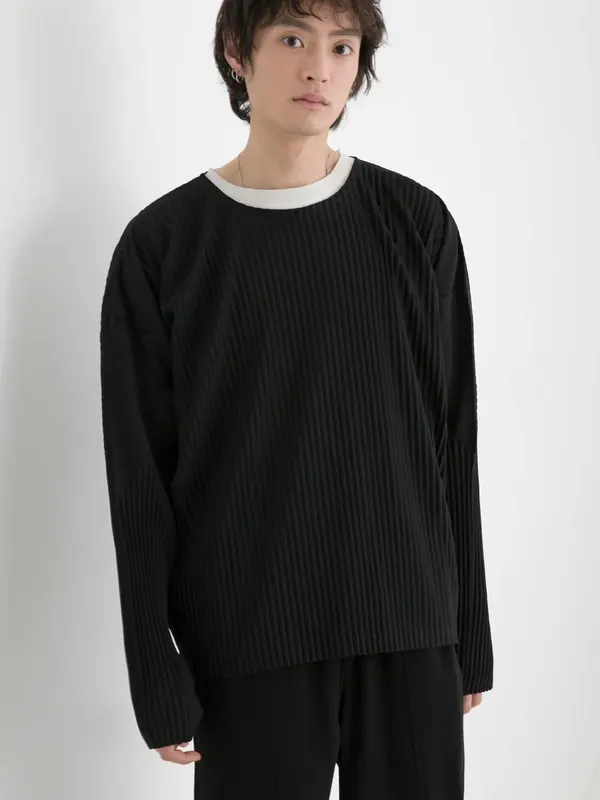 Miyake Shirt Long Sleeve T Shirt Casual Loose T-shirts Round Collar Men's Top Miyake Pleated Man