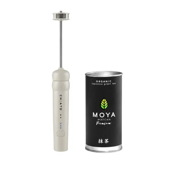 Zestaw: spieniacz do mleka CHiATO nanoPLAY i ekologiczna matcha ceremonialna Moya Matcha Premium – kremowy