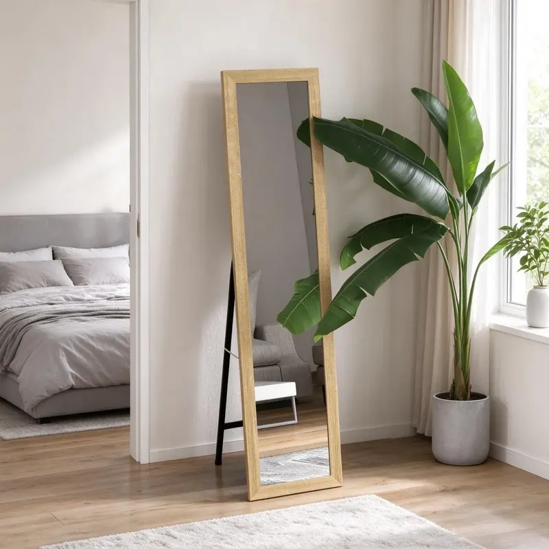 Prostokątne lustro z drewnianą ramą, może stać lub być zamontowane na ścianie, 37 x 155 cm do salonu i sypialni (tylko 1 sztuka stojącego lustra)