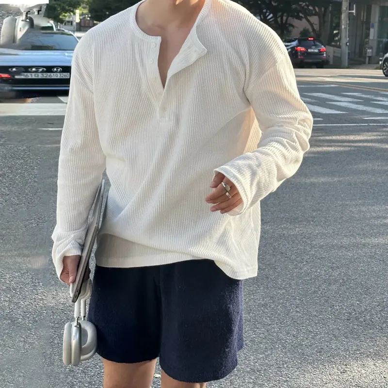 Waffle Henry Collar Long-sleeved T-shirt Men's 2026 Spring and Summer New Casual Versatile Loose Top