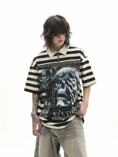 2026 New Men T-shirt  Heavyweight Dirty Washed Dark Short Sleeve Shirts High Street Skull Print Unisex American Couple Tops
