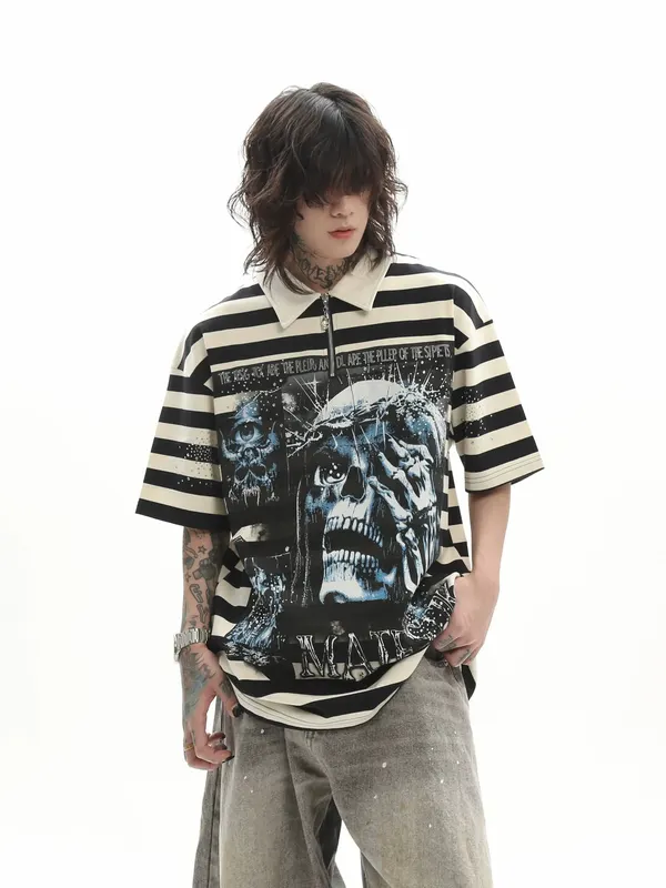 2026 New Men T-shirt Heavyweight Dirty Washed Dark Short Sleeve Shirts High Street Skull Print Unisex American Couple Tops