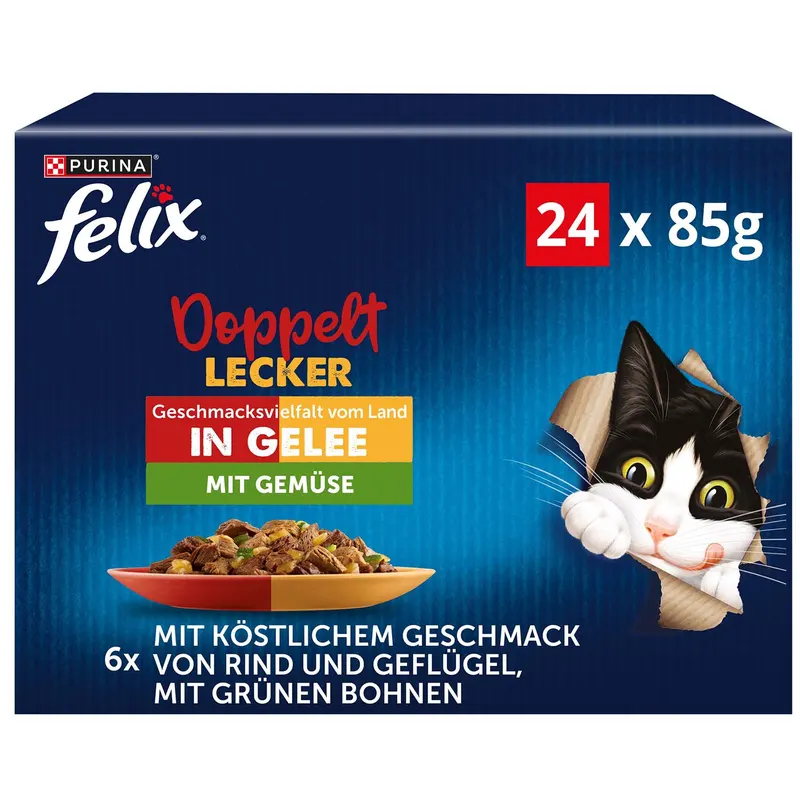 3 + 1 gratis! 4x Felix, karma mokra dla kota, różne rodzaje - 4 x (24 x 85 g) Fantastic 2 smaki, mięsno-warzywny mix, (72 + 24 gratis!)