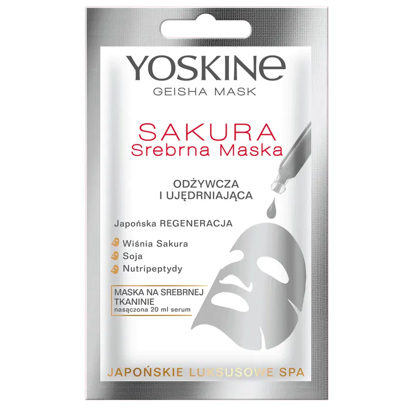 Yoskine Geisha Mask maska na srebrnej tkaninie Sakura odżywiająca i ujędrniająca z peptydami 20 ml