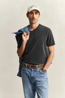 Gant Bawełniany T-Shirt Męski Z Okrągłym Dekoltem Regular Fit Czarny