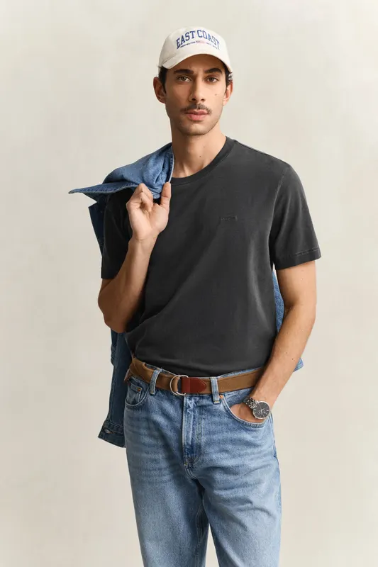 Gant Bawełniany T-Shirt Męski Z Okrągłym Dekoltem Regular Fit Czarny