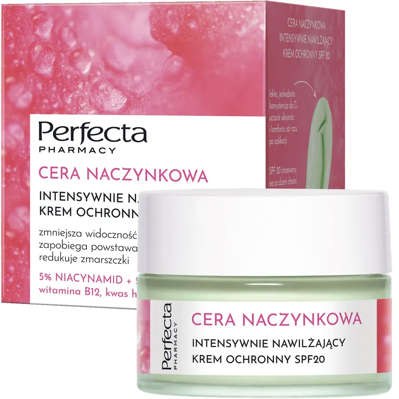 Perfecta Cera Naczynkowa intensywnie nawilżający krem ochronny SPF20 z 5% niacynamidem, 5% witaminą C HYDROcomplex i witaminą B12 50 ml