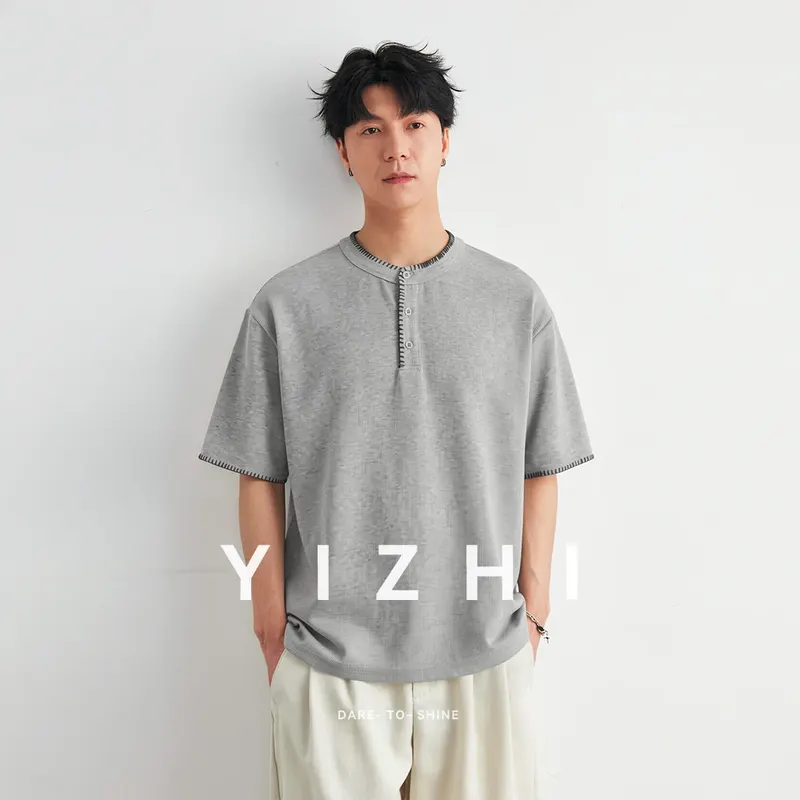 Men's Stitch Detail Henley Neck Waffle T-Shirt 2026 Summer Loose Drop Shoulder Casual Commute Versatile Short Sleeve Top