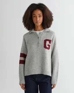 Gant Sweter Damski Z Nadrukiem Z Kołnierzem Koszulowym Oversize Fit Szary