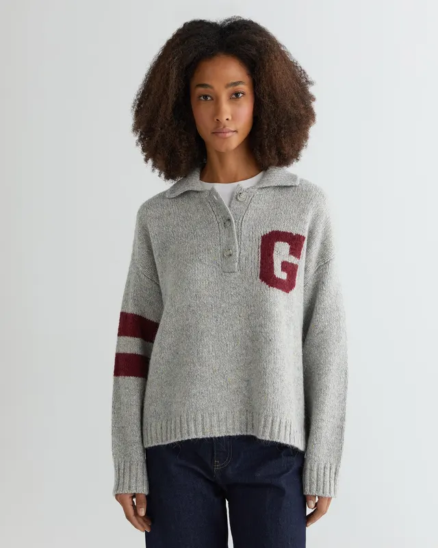 Gant Sweter Damski Z Nadrukiem Z Kołnierzem Koszulowym Oversize Fit Szary