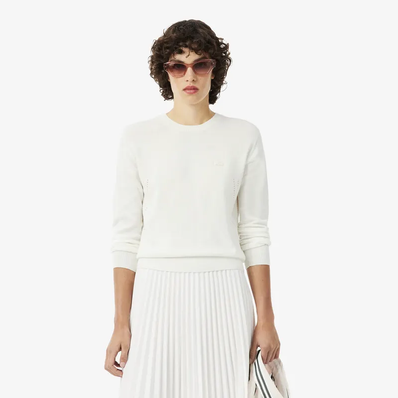 Lacoste Sweter 3D Z Okrągłym Kołnierzykiem Kremowy