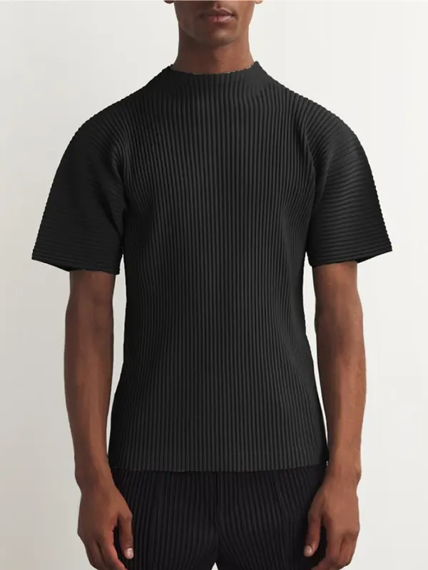 Miyake Pleated Clothes Man Short Sleeve T-Shirt Fashion Black Turtleneck Top