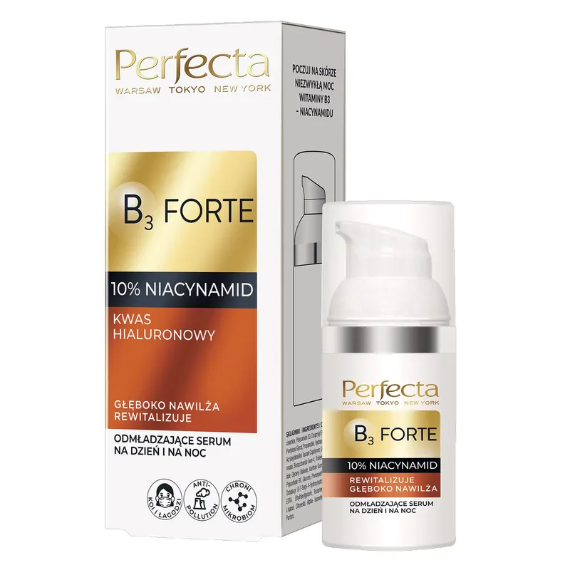 Perfecta B3 Forte odmładzające serum na dzień i na noc z 10% niacynamidem, kwasem hialuronowym i tarczą antypollution 30 ml