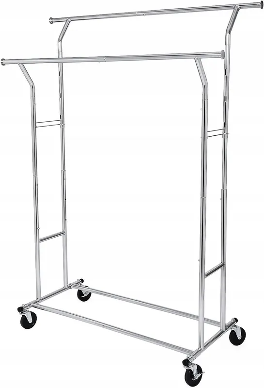 Mobilny wieszak na ubrania 2 DRĄŻKI 129-169 cm NA KÓŁKACH metalowy srebrny