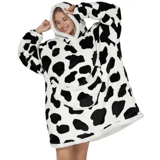BLUZA PLUSZOWA Z KAPTUREM COMFY KOC OVERSIZE CIEPŁA WZÓR KROWA
