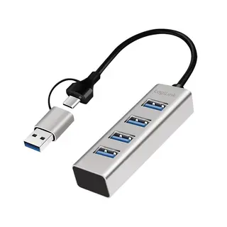 LogiLink Hub USB 3.0, 4x USB-A, 5 Gb/s, przewód 2w1 USB-A/USB-C, srebrny