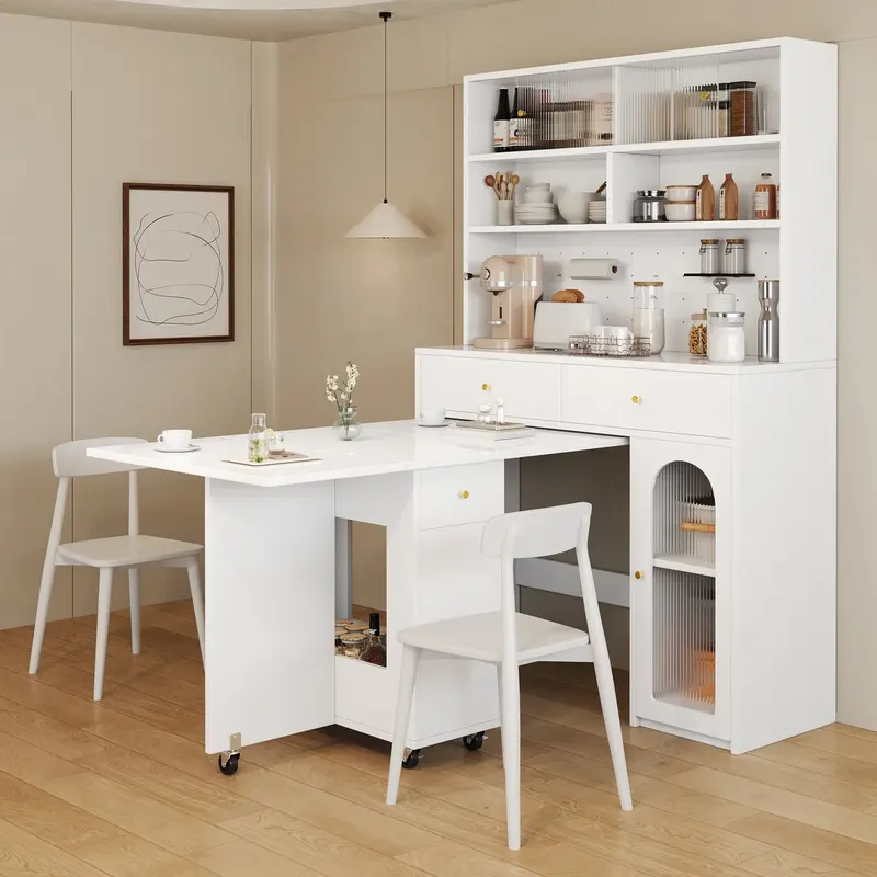 Szafka kuchenna z blatem roboczym, sideboard i wysoka szafka, wbudowana funkcja barku, z listwą hakową, 2 szuflady, regulowana półka oraz otwarta pr..