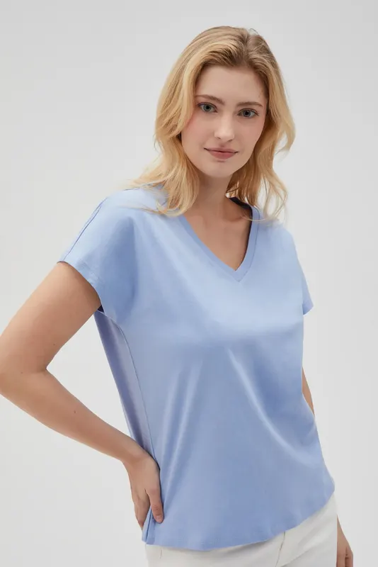 Bawełniny t-shirt z dekoltem w serek niebieski