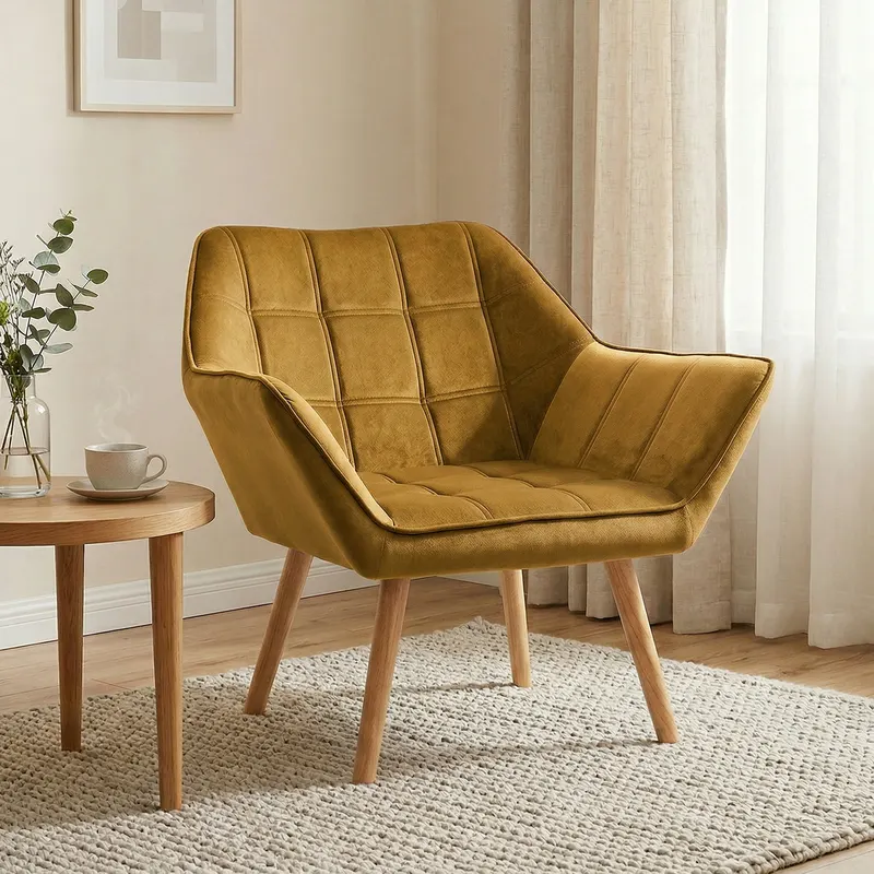 otel tapicerowany, fotel akcentowy, design skandynawski, wygląd aksamitu, do 120 kg, nogi z drewna kauczukowego, żółty