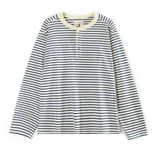Men Classic American Retro Sea Soul Henley Shirt Heavyweight 100% Cotton Blue White Breton Striped Long Sleeve Casual Tee Tops