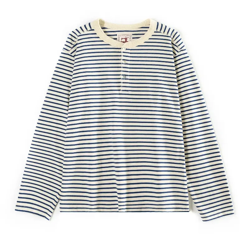 Men Classic American Retro Sea Soul Henley Shirt Heavyweight 100% Cotton Blue White Breton Striped Long Sleeve Casual Tee Tops