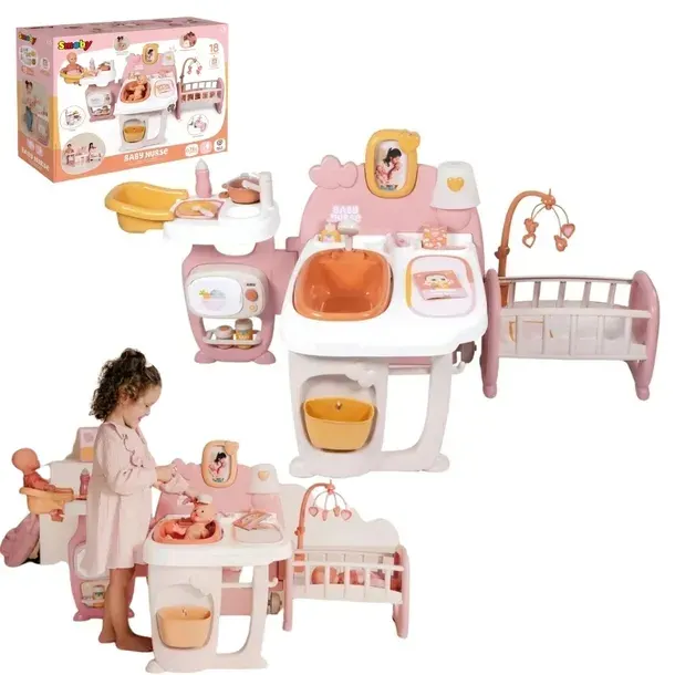 SMOBY BABY NURSE DUŻY KĄCIK OPIEKUNKI DLA LALKI + AKCESORIA BUTELKA 3+