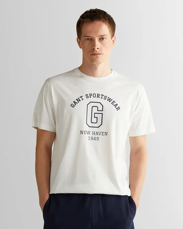 Gant T-Shirt Męski Z Nadrukiem Regular Fit Kremowy