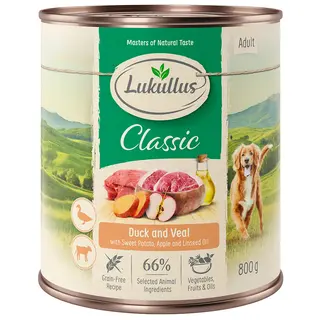 Lukullus Naturkost Adult, bez zbóż, 6 x 800 g - Kaczka i cielęcina