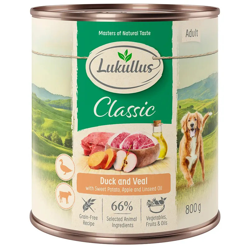 Lukullus Naturkost Adult, bez zbóż, 6 x 800 g - Kaczka i cielęcina