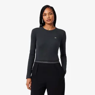 Lacoste Koszulka Slim Fit Z Prążkowanej Bawełny Szara