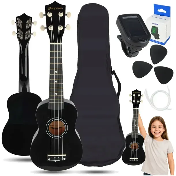 UKULELE DLA DZIECI SOPRANOWE ZESTAW STRUNY KOSTKI + POKROWIEC CZARNE