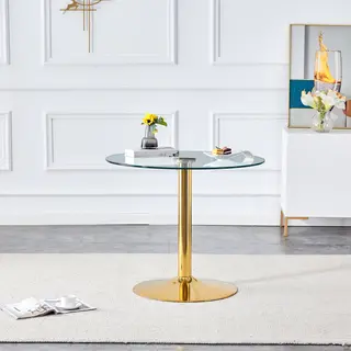 Nowoczesny, minimalistyczny stolik ze szklanym blatem: o średnicy 85 cm i wysokości 76 cm, idealny wybór do stworzenia lekko luksusowej atmosfery.