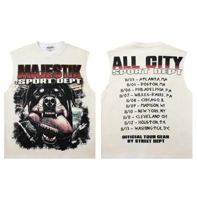 MAJESTIK Retro Direct Injection Printed Beaded Tank Top - Loose-Fitting Casual Gangster Style Vintage Sleeveless T-Shirt