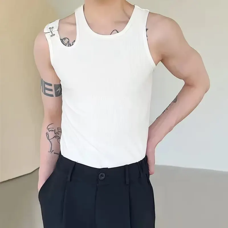 Mens Casual Hollow Tight Shoulder Strap Design Vest New Genderless Streetwear Trendy Nightclub Shaping Sexy Top Unisex